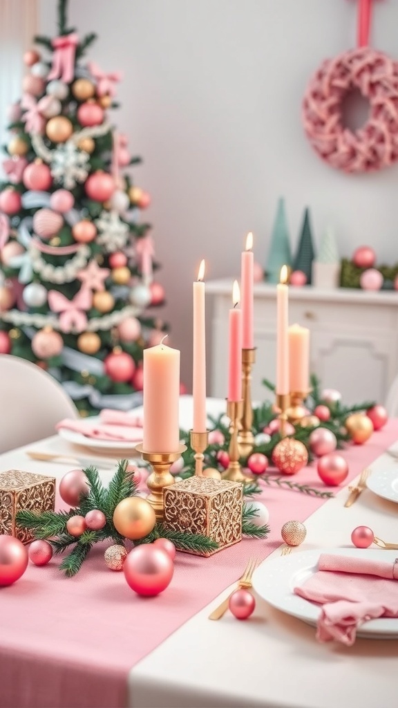 A pink-themed Christmas table with candles and ornaments, showcasing a festive holiday decor.